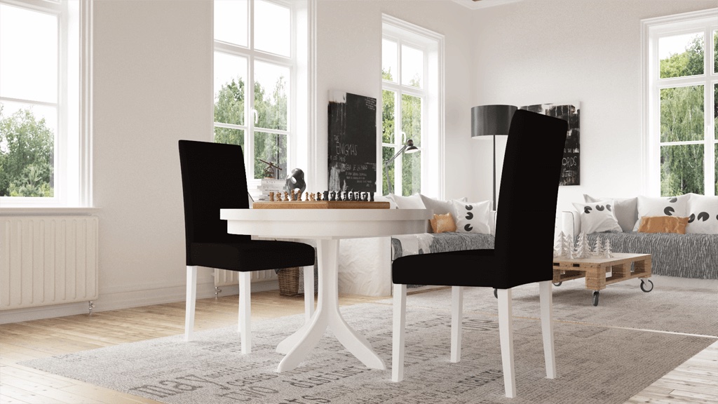 Okrugli trpezarijski sto "KALA" sa centralnom nogom i pločom sa dodatkom 40 cm. Dimenzija stola je prečnika 90 cm ali može se raditi i u drugim dimenzijama, ne manjim od navedene.  Mogućnost izrade u drugim bojama!